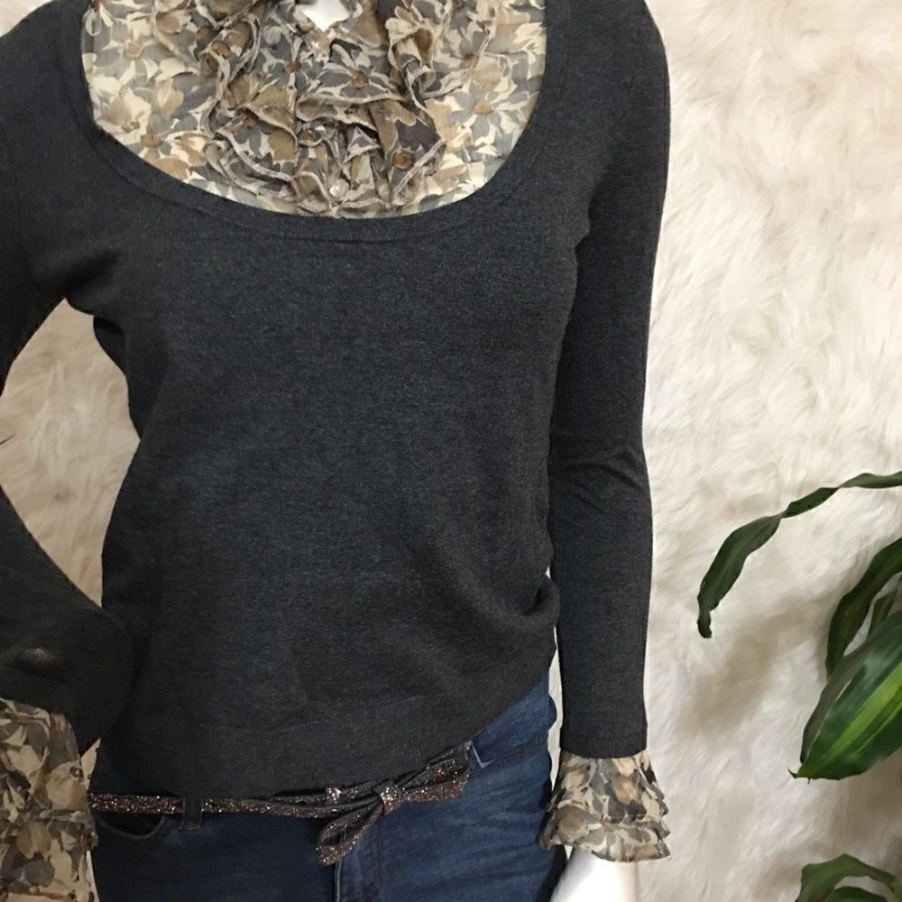 LOFT lite weight sweater with chiffon chest ruffle
